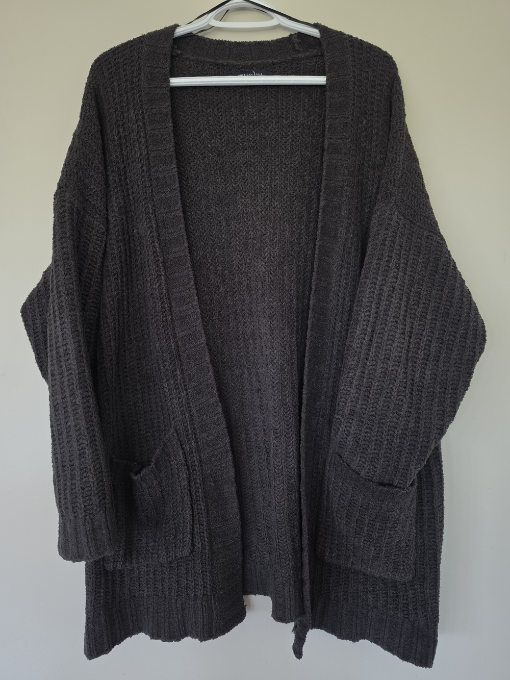 American Eagle Outfitters Dark Charcoal Open-Front Soft Knit Cardigan. Pockets